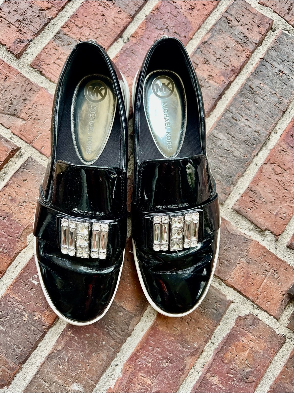 Michael Kors Black Patent Slip-On Sneakers with Crystal Accents